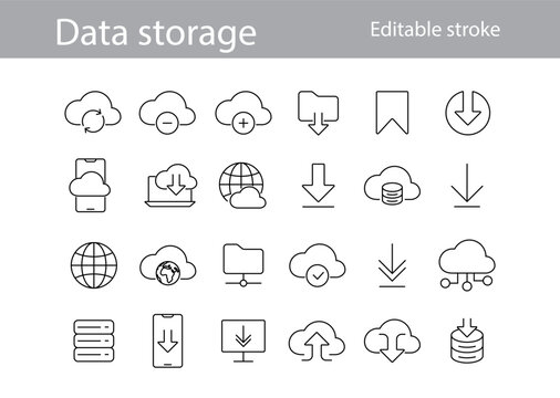 Data cloud storage and files outline icon collection. Mobile app signs. Big data symbol set. Download arrow. Computer database. Editable stroke. Vector stock illustration