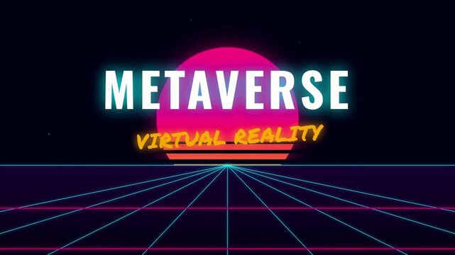 Metaverse virtual reality retro wave background with neon grid and sunset futuristic digital world concept for technology and gaming