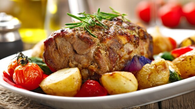 pork. A close-up of roasted pork with vegetables, presented on a rustic table with warm, inviting lighting. menu design.
