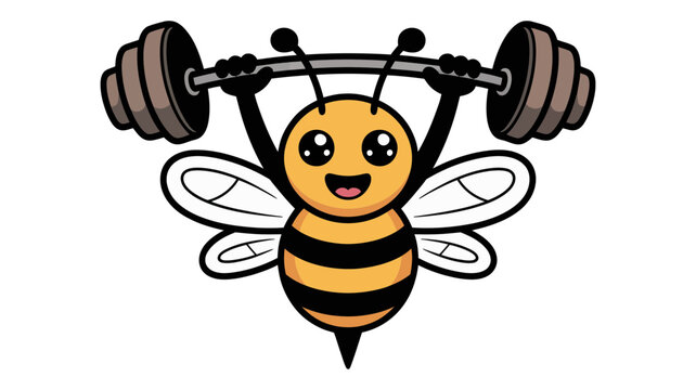 Cartoon bee character lifting weights with a happy expression weightlifting strength character lifestyle