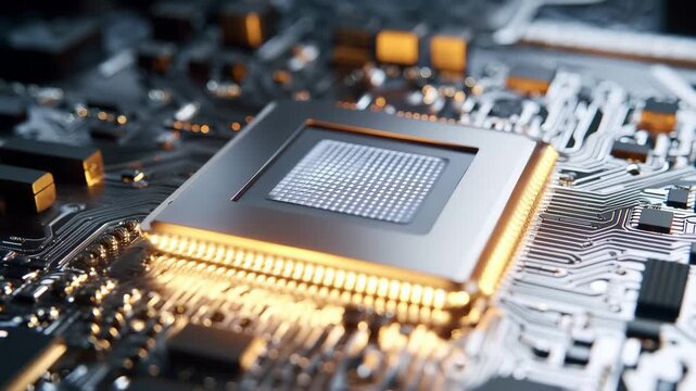 A modern computer processor, Close-up view of a computer chip showcasing intricate circuits and connections on its surface