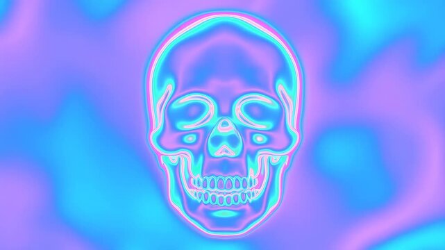 Slow motion zoom of neon skull pulsing and morphing against abstract iridescent gradient background in virtual studio