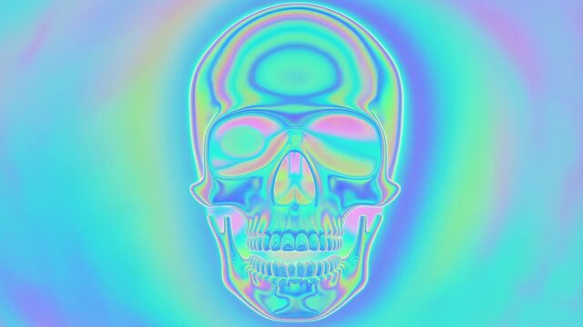 Slow motion static shot of holographic iridescent skull slowly shifting and floating against gradient abstract studio background with subtle rotation