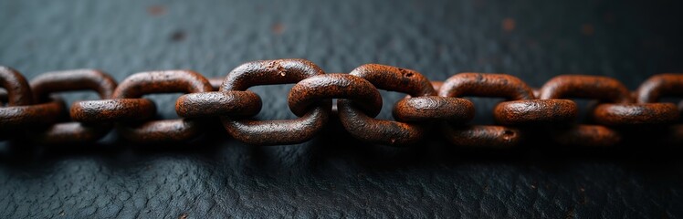 Fototapeta premium Close up of rusty metal chain links on dark textured surface. Industrial background with old oxidized metal chain, heavy duty metalwork detail.