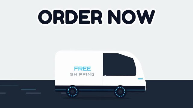 Order now text with a free shipping delivery van illustration concept for e-commerce and logistics services flat design on a light background