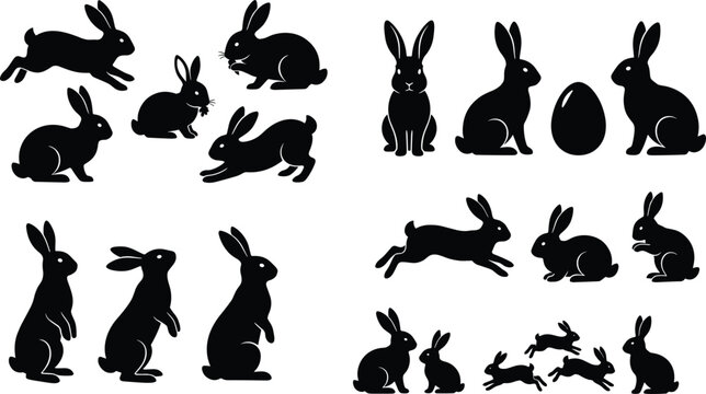 Black Rabbit Silhouettes Collection Including Jumping Running Sitting and Standing Poses with Easter Egg Shapes for Creative Holiday Design Projects