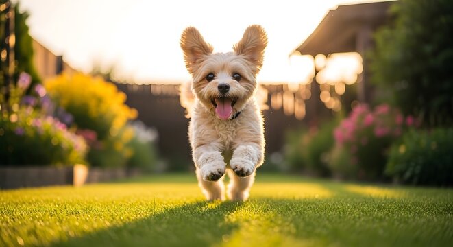 Cute small dog jumping joyfully on green grass in a sunny backyard garden. Concept of pet friendship, International Dog Day, animal vitality, and the pure joy of a playful domestic pet