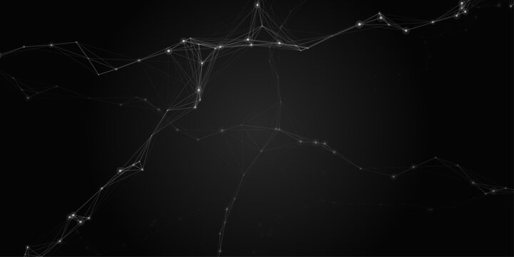 Minimalist monochrome abstract futuristic geometric plexus network background, black and white 3d digital communication nodes graphic resource for modern cyber technology and computing web layouts