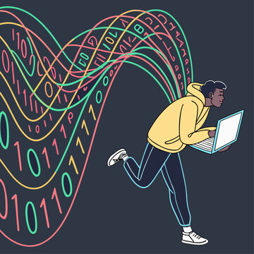 Man running with laptop and colorful binary code wave