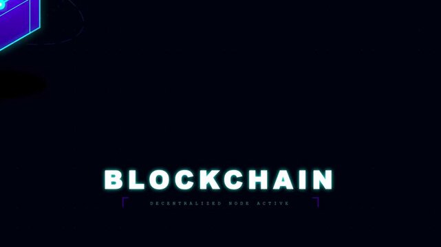 Abstract glowing blockchain cube and text futuristic digital network concept for technology and finance dark blue background