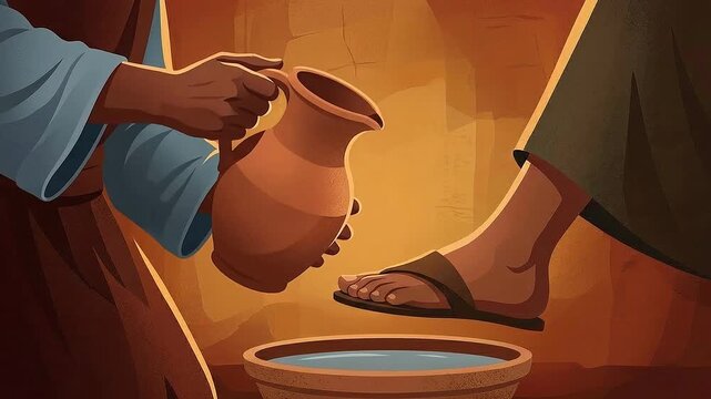 Jesus Christ washing feet of disciple with clay jar water and basin in humble biblical servant act illustration
