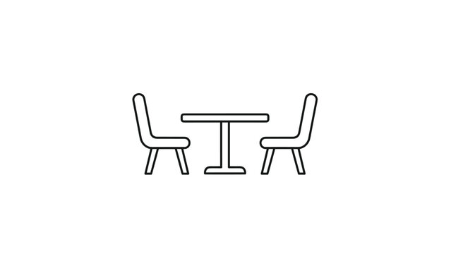 Minimalist black line icon representing a small dining set with a round table and two simple chairs for a couple.
