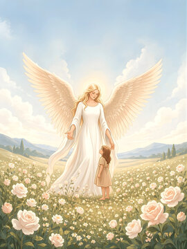 Guardian Angel Protecting Child in Flower Field, Peaceful Spiritual Illustration, Soft Light, Heaven Concept