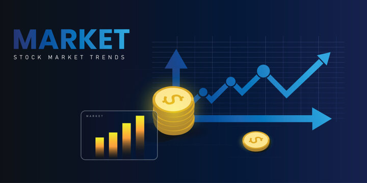 Stock Market Growth Concept with Rising Chart, Up Arrow and Gold Coin Stack on Blue Background