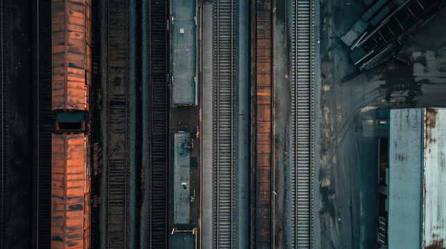 Freight trains parked on multiple parallel railway tracks, creating strong industrial patterns and lines from an overhead aerial perspective at a transportation facility or depot