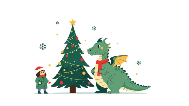 Whimsical scene showing a little girl and a friendly green dragon standing next to a decorated christmas tree with snowflakes.