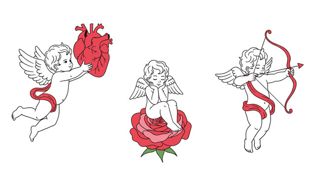 Set of three classical cupid characters in different poses including holding a heart, sitting on a rose, and using a bow.