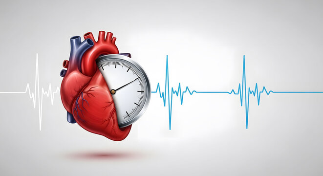Human heart with stopwatch and ECG heartbeat line on white background. Concept of blood pressure control, hypertension awareness, heart health monitoring, and medical time management