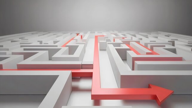 Glowing red arrow navigating grid maze &ndash; Great for artificial intelligence, pathfinding algorithms, or career pathing.
