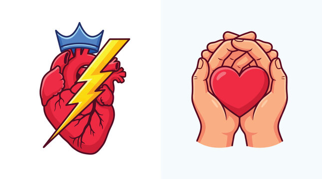 Heart icons with crown and lightning bolt and hands Vector
