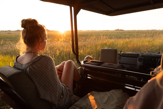 Family experiencing a mobile safari, Okavango Delta, Botswana, Africa