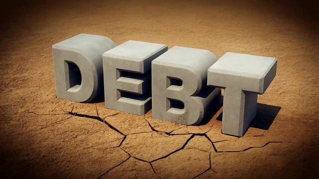 Debt letter cement block cracking ground, Mortgage Bankruptcy Crisis, Economic Recession, Loan Expense Stress Cartoon 3D Render