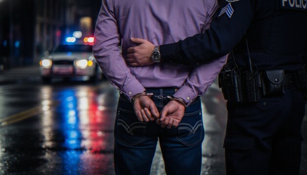 A police officer arresting a man in handcuffs on a street at night with a police cruiser in the background.