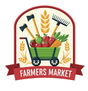 Fresh produce and gardening tools displayed in a colorful cart at Farmers Market