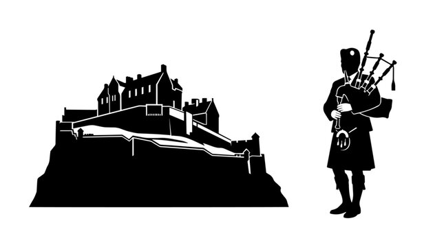 Vector silhouette of Scottish castle on rocky hill with bagpiper in kilt, cultural heritage, traditional music, iconic landmark art