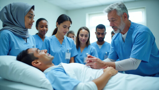 Diverse students learn medicine from doctor in hospital room. Instructor shows procedure to young nurses and interns. Patient lies in bed, trainees observe practice.