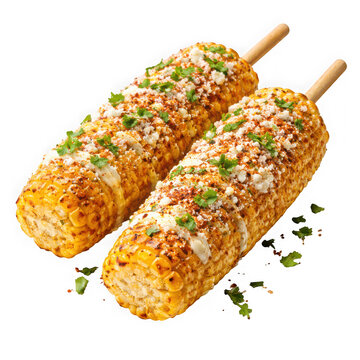 Two grilled elote mexican street corn cobs with cheese, herbs, and sauce isolated on transparent background
