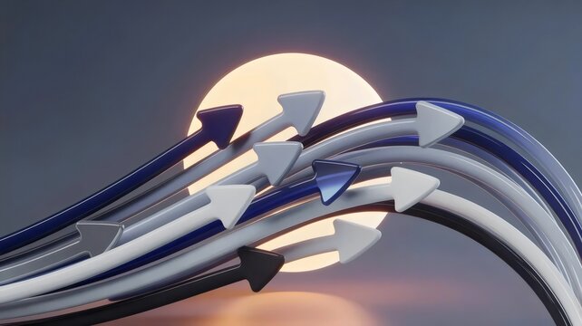Translucent arrows spiraling toward orb &ndash; Suitable for data aggregation, harmony, or global connectivity.