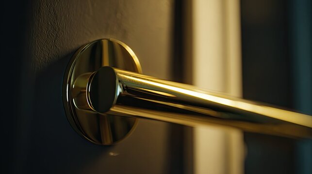 Golden polished door handle attached to a dark door, reflecting warm light and creating a sense of exclusivity and modern design within an upscale interior space