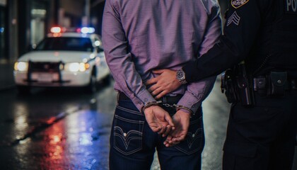A police officer arresting a man on a city street at night, with a patrol car in the background. © Varos