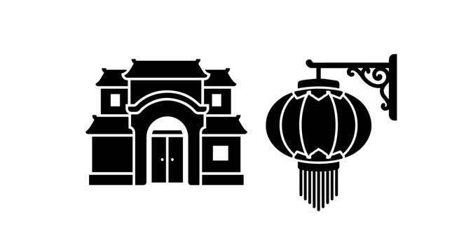 Vector silhouette of traditional Chinese gate and hanging lantern, cultural heritage, classical architecture, festive symbolism, timeless decorative art