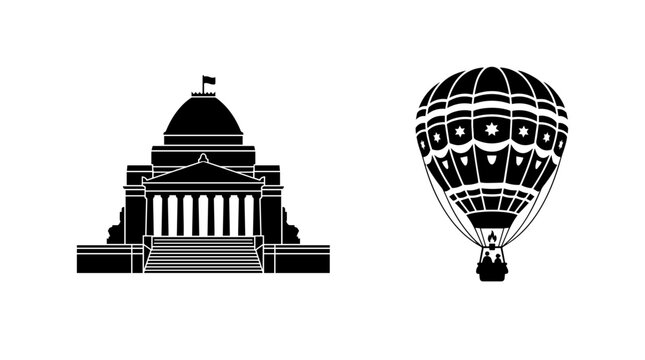 Vector silhouette of domed capitol building with flag and hot air balloon, governance architecture, travel exploration, cultural landmark art