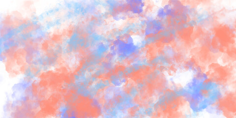 Fototapeta premium Soft pastel pink, blue, and orange abstract watercolor cloud texture, light delicate paint dab background, minimal fluffy brush stroke graphic resource for warm, elegant layouts and landing pages
