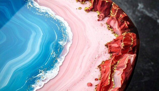"Polished geode with swirling blue-white waves, smooth pink center, jagged red crystals, and shimmering gold accents against a cosmic abstract backdrop."