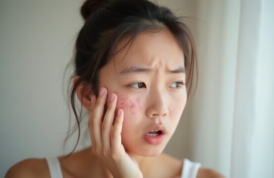 Young asian woman checks acne on her cheek with worried look. Teenager has facial skin problem with redness and pimples. Girl worries about puberty blemishes affecting her look.