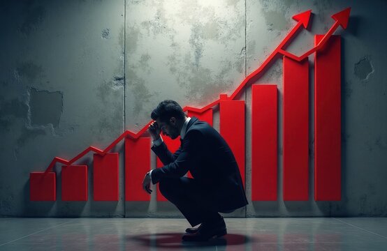Man in suit crouches sadly before rising red graph bars, arrow. Economic downturn, finance crisis, market decline. Business failure, unemployment, recession fears. Stock market loss, banking problems.