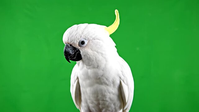 A video captures a white cockatiel with a yellow crest.