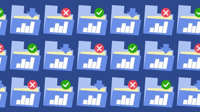 File management workflow pattern with checkmarks and cross icons in a background animation. Seamless folder pattern with data charts and approval symbol in cartoon animation for horizontal wallpaper.