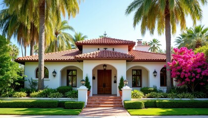 Fototapeta premium White Spanish style house with red tile roof features arched doorways, spacious porch surrounded by palm trees, vibrant pink flowers. Beautiful exterior with manicured green lawn, vibrant pink