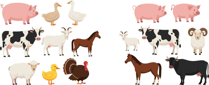 Large collection of farm animal vector set featuring cows, pigs, horses, sheep, goats, ducks, geese, and turkeys for children's educational books, ranching branding, and nursery wall stickers.