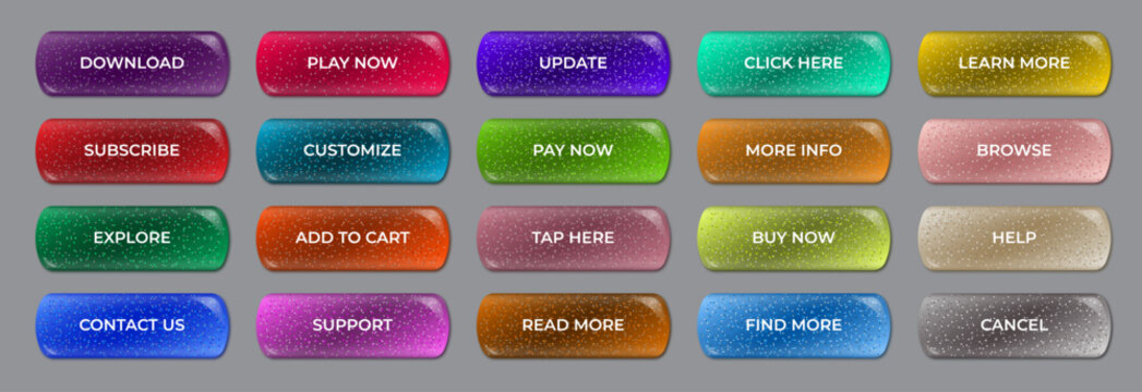 Glossy Jelly Button Set with Glitter Texture and 3D Web UI Elements, Editable AI file