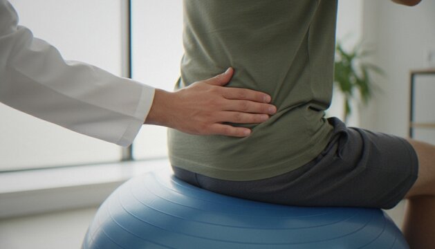 A physical therapist examines a patient's lower back while the patient sits on a blue exercise ball in a clinical office setting.