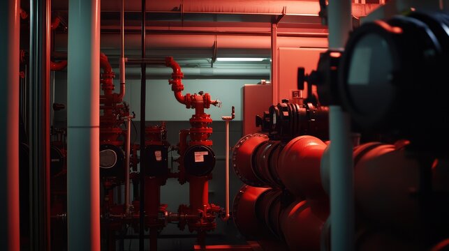Complex network of industrial pipes, valves, and machinery illuminated by red emergency lighting, highlighting an advanced fire protection and water management system within a factory interior