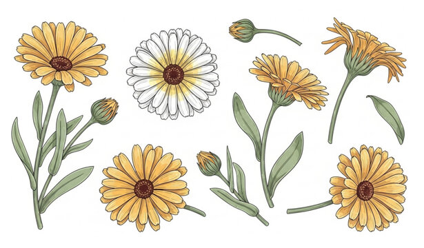 Hand drawn calendula flower vector illustration with artistic floral elements isolated on white background