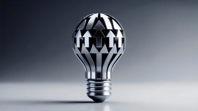 3D arrow lightbulb in metallic silver &ndash; Suitable for sustainable innovation, bright ideas, or industrial design concepts.