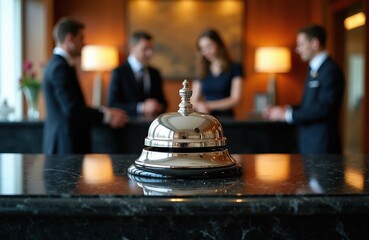 Obraz premium Hotel reception desk with bell. Staff in uniform assist guests with check in. Pro hospitality service is available at this luxury hotel lobby.